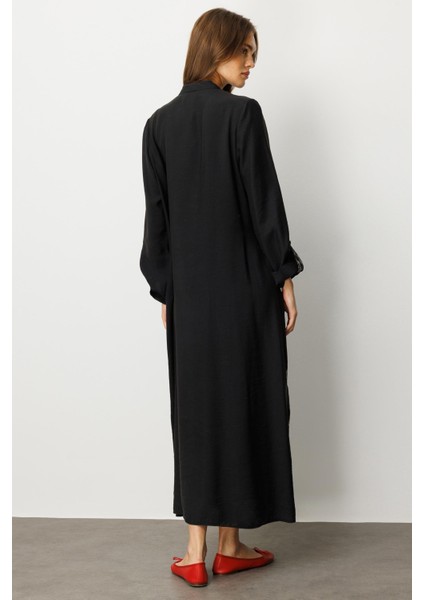 Modal (%90 Doğal) Düğme Kapamalı Varak Geçişli Zamansız Kap/ Ferace-Siyah fırsatları