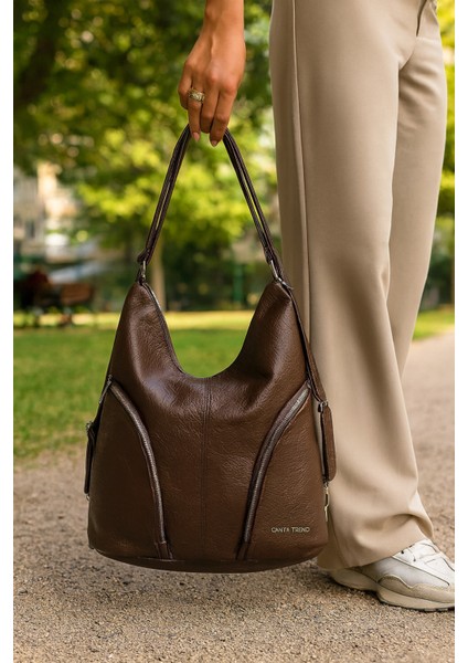 Yumuşak Suni Deri Kahverengi El Omuz ve Sırt Kullanımına Uygun Kadın Çanta 34*39 cm