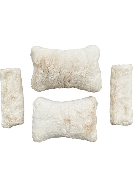 Peluş Ortopedik Araba Seyahat Boyun Yastığı Emniyet Kemer Pedi Seti Bej