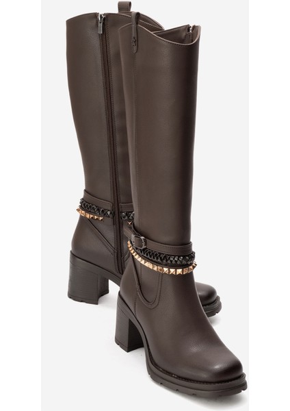 Vıorra Kahverengi Cilt Kayışlı Kadın Kalın Topuklu Çizme