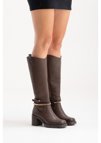 Vıorra Kahverengi Cilt Kayışlı Kadın Kalın Topuklu Çizme fiyatları