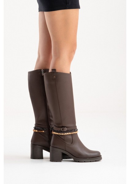 Vıorra Kahverengi Cilt Kayışlı Kadın Kalın Topuklu Çizme modelleri