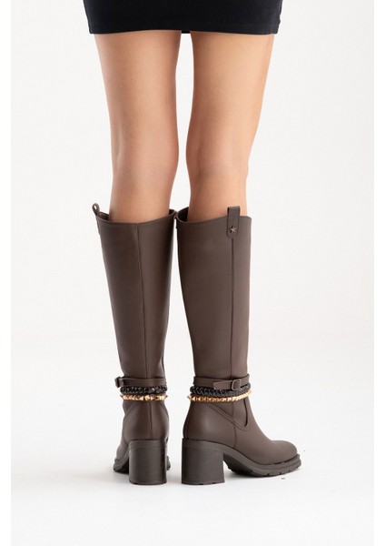 Vıorra Kahverengi Cilt Kayışlı Kadın Kalın Topuklu Çizme fırsatları