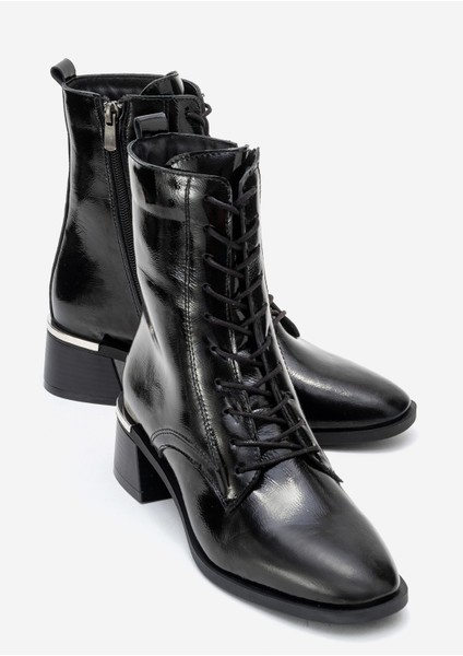 Avıa Siyah Kırışık Rugan Hakiki Deri Hakiki Deri Kadın Kalın Topuklu Bot