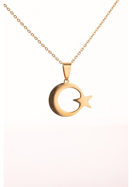 Altın Renk Ay Yıldız Çelik Kolye Kararmaz Paslanmaz Çelik Anlamlı ve Şık (Unisex)