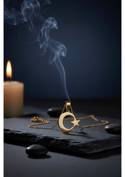 Altın Renk Ay Yıldız Çelik Kolye Kararmaz Paslanmaz Çelik Anlamlı ve Şık (Unisex) fırsatları