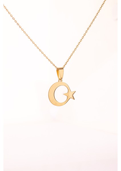 Altın Renk Ay Yıldız Çelik Kolye Kararmaz Paslanmaz Çelik Anlamlı ve Şık (Unisex) indirimleri
