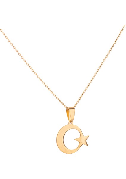 Altın Renk Ay Yıldız Çelik Kolye Kararmaz Paslanmaz Çelik Anlamlı ve Şık (Unisex)