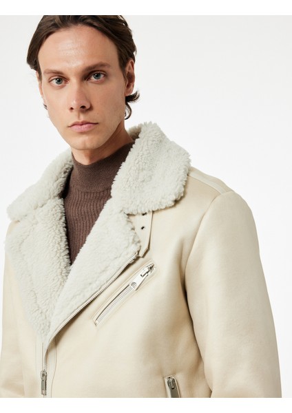 Fermuarlı Cep Detaylı Slim Fit Peluş Yaka Kışlık Suni Deri Ceket
