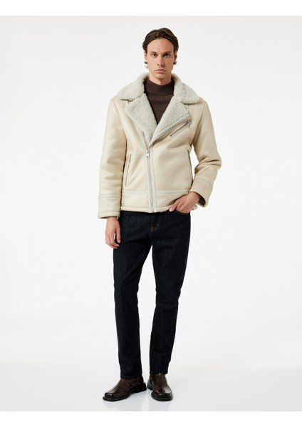 Fermuarlı Cep Detaylı Slim Fit Peluş Yaka Kışlık Suni Deri Ceket fiyatları