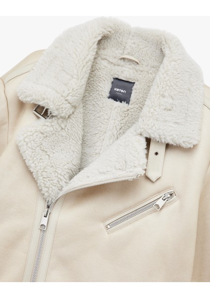 Fermuarlı Cep Detaylı Slim Fit Peluş Yaka Kışlık Suni Deri Ceket
