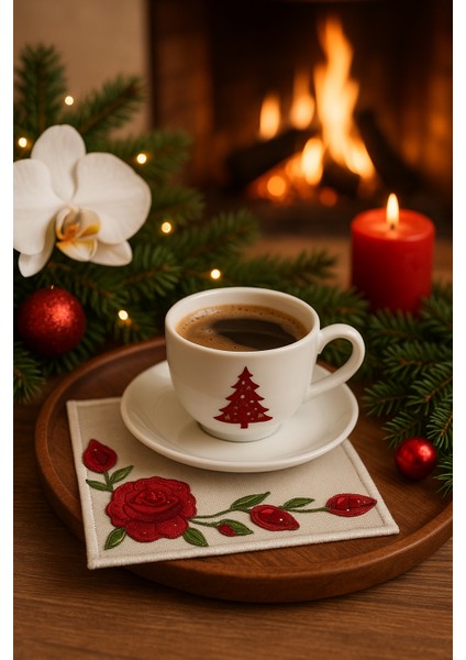 Kırmızı Gül Işlemeli Lüks Kahve Sunum Peçetesi – El Nakışı