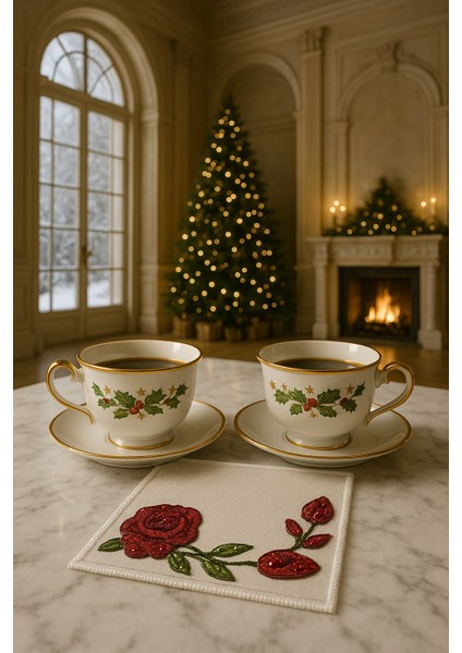 Kırmızı Gül Işlemeli Lüks Kahve Sunum Peçetesi – El Nakışı fiyatları