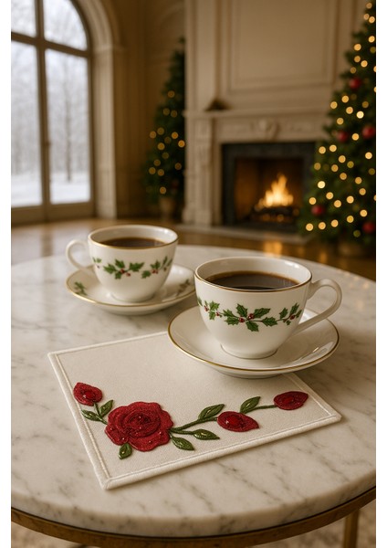 Kırmızı Gül Işlemeli Lüks Kahve Sunum Peçetesi – El Nakışı fırsatları