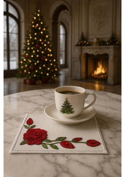 Kırmızı Gül Işlemeli Lüks Kahve Sunum Peçetesi – El Nakışı indirimleri
