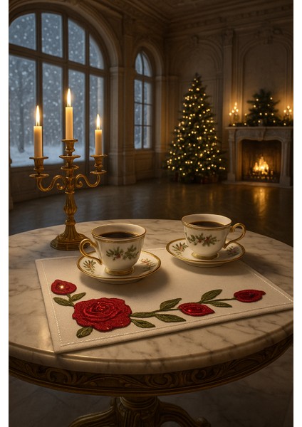 Kırmızı Gül Işlemeli Lüks Kahve Sunum Peçetesi – El Nakışı