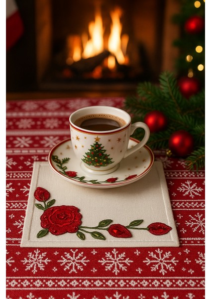 Kırmızı Gül Işlemeli Lüks Kahve Sunum Peçetesi – El Nakışı