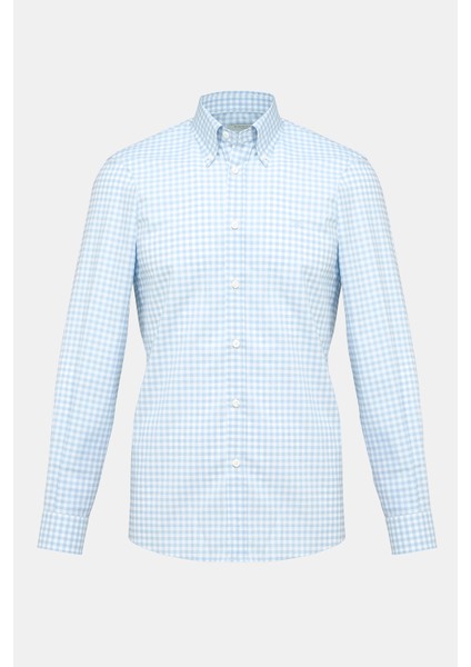 Erkek Mavi Cooper Fit Düğmeli Yaka Ekoseli Spor Gömlek