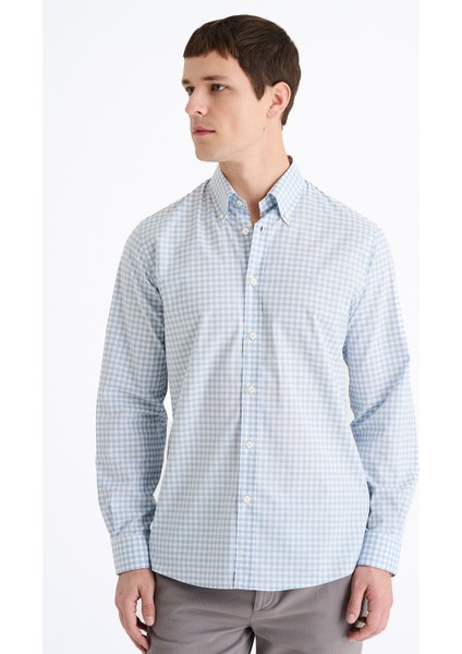 Erkek Mavi Cooper Fit Düğmeli Yaka Ekoseli Spor Gömlek modelleri