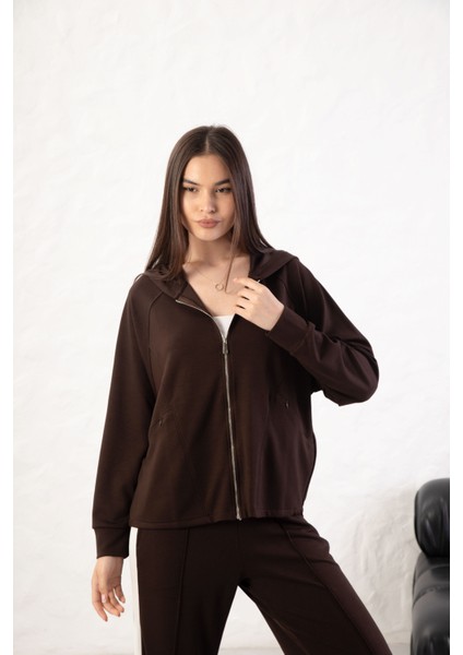 Kadın Rahat Kalıp Uzun Kollu Fermuarlı Modal Kumaş Cepli Kapüşonl fiyatları