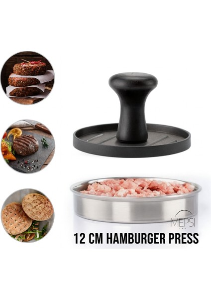 12/10 cm Metal Hamburger Press – Ahşap Saplı Köfte Presi | Ev Tipi Büyük Boy Hamburger Kalıbı