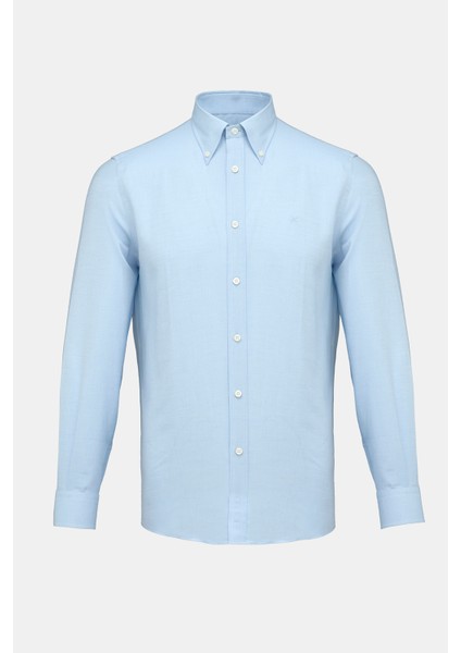 Erkek Mavi Cooper Fit Düğmeli Yaka Kaşmir Karışımlı Flannel Spor Gömlek