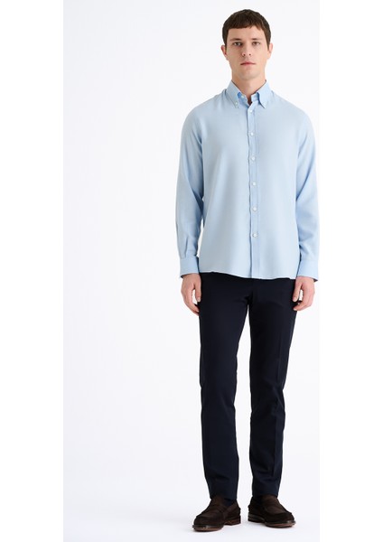 Erkek Mavi Cooper Fit Düğmeli Yaka Kaşmir Karışımlı Flannel Spor Gömlek fiyatları