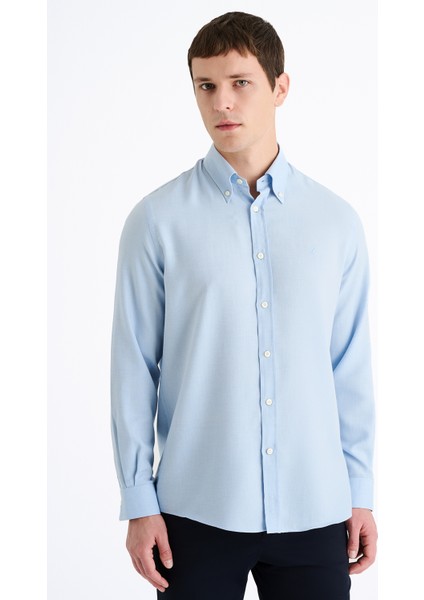 Erkek Mavi Cooper Fit Düğmeli Yaka Kaşmir Karışımlı Flannel Spor Gömlek modelleri