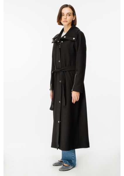 Ottomans Özel Dokuma Örme Aksesuar Detaylı Baharlık Astarlı Kap Trench-Siyah