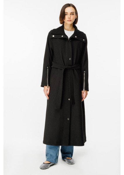 Ottomans Özel Dokuma Örme Aksesuar Detaylı Baharlık Astarlı Kap Trench-Siyah modelleri