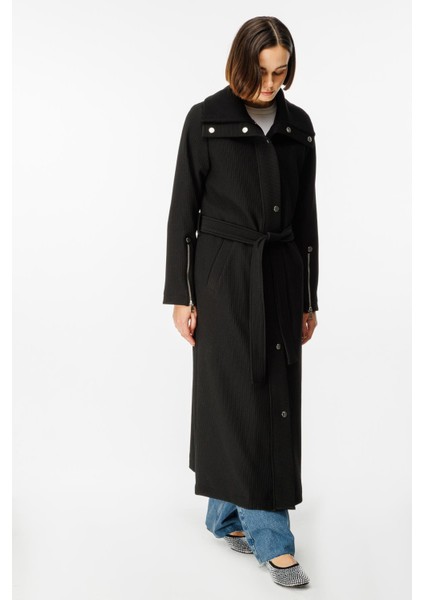 Ottomans Özel Dokuma Örme Aksesuar Detaylı Baharlık Astarlı Kap Trench-Siyah fırsatları