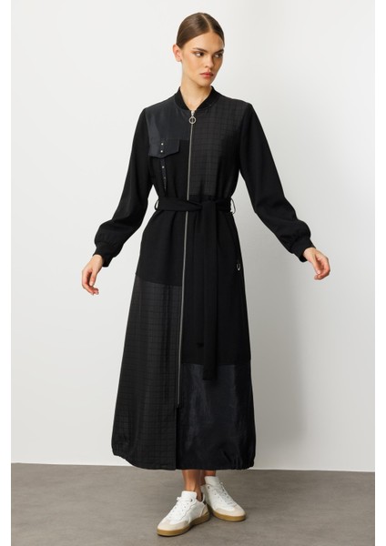 Farklı Kumaş Birleşimi Özel Garnili Astarlı Spor Trench / Kap Yada Ferace Olarak Kullanım-Siyah