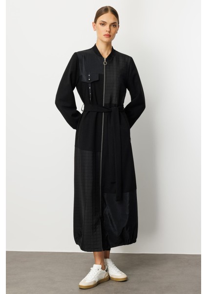 Farklı Kumaş Birleşimi Özel Garnili Astarlı Spor Trench / Kap Yada Ferace Olarak Kullanım-Siyah fiyatları