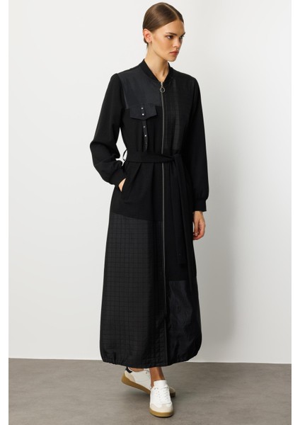 Farklı Kumaş Birleşimi Özel Garnili Astarlı Spor Trench / Kap Yada Ferace Olarak Kullanım-Siyah modelleri