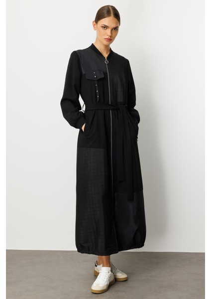 Farklı Kumaş Birleşimi Özel Garnili Astarlı Spor Trench / Kap Yada Ferace Olarak Kullanım-Siyah fırsatları