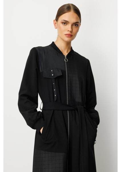 Farklı Kumaş Birleşimi Özel Garnili Astarlı Spor Trench / Kap Yada Ferace Olarak Kullanım-Siyah indirimleri