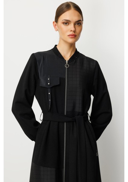 Farklı Kumaş Birleşimi Özel Garnili Astarlı Spor Trench / Kap Yada Ferace Olarak Kullanım-Siyah