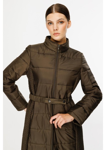 Leaf Işleme Yan Esnek Kapitone Dokuma Içi Dolgulu Kaban Manto-Haki