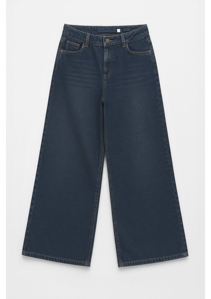 Kadın Koyu Indigo Yüksek Bel Palazzo Jean Pantolon