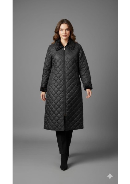 Soft Peluş Iç Katman ve Özel Nakış Desenli Ince Hafif Zamansız Özel Üretim Kaban Manto-Siyah