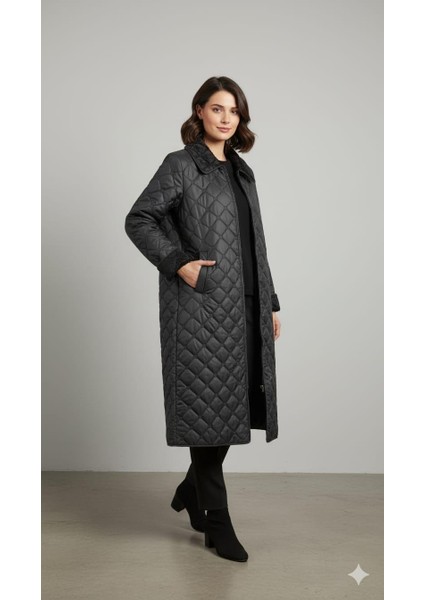 Soft Peluş Iç Katman ve Özel Nakış Desenli Ince Hafif Zamansız Özel Üretim Kaban Manto-Siyah fiyatları