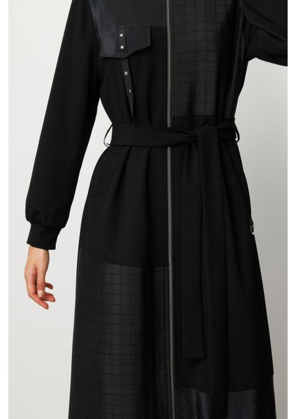 Farklı Kumaş Birleşimi Özel Garnili Astarlı Spor Trench / Kap Yada Ferace Olarak Kullanım-Siyah