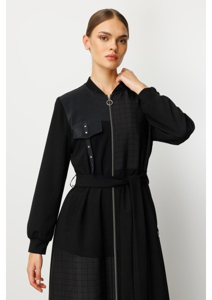 Farklı Kumaş Birleşimi Özel Garnili Astarlı Spor Trench / Kap Yada Ferace Olarak Kullanım-Siyah