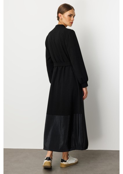 Farklı Kumaş Birleşimi Özel Garnili Astarlı Spor Trench / Kap Yada Ferace Olarak Kullanım-Siyah