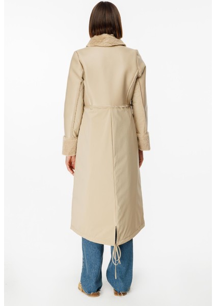 Camo Içi Yumuşak Kürk Kaplı Deri Görünümlü Üst Beden ve Dolgulu Spor Özel Kumaş Kaban Manto-Taş