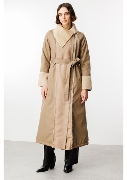 Suni Deri ve Soft Kürk Detaylı Dolgulu Spor Kaban Manto-Vizon