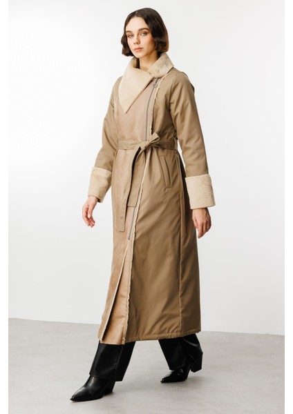 Suni Deri ve Soft Kürk Detaylı Dolgulu Spor Kaban Manto-Vizon fiyatları