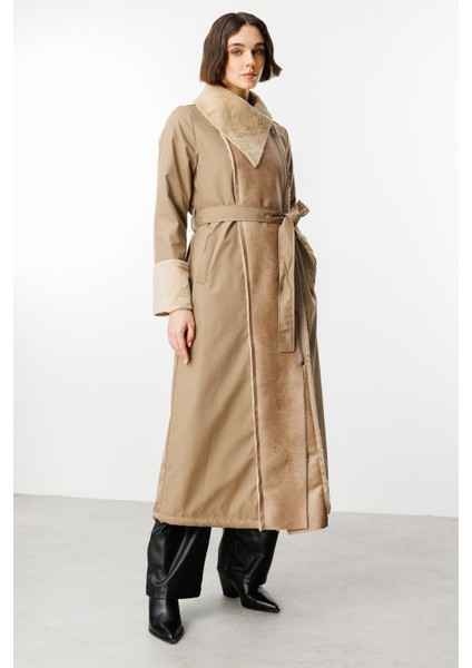 Suni Deri ve Soft Kürk Detaylı Dolgulu Spor Kaban Manto-Vizon modelleri