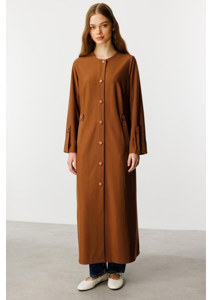 Özel Dökümlü Kumaş Aksesuarlı Kap/ Ferace-Kahve