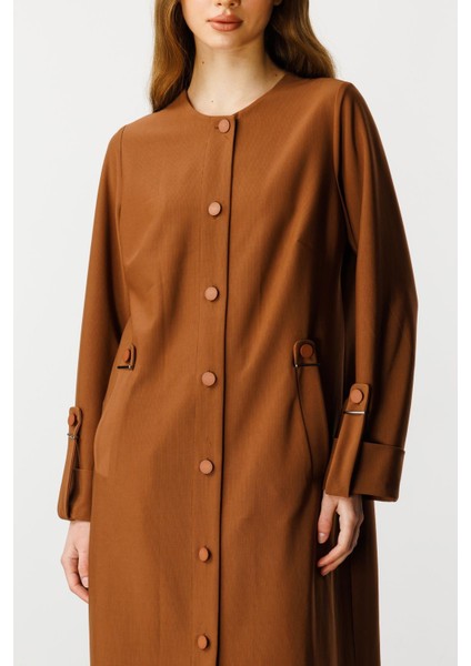 Özel Dökümlü Kumaş Aksesuarlı Kap/ Ferace-Kahve